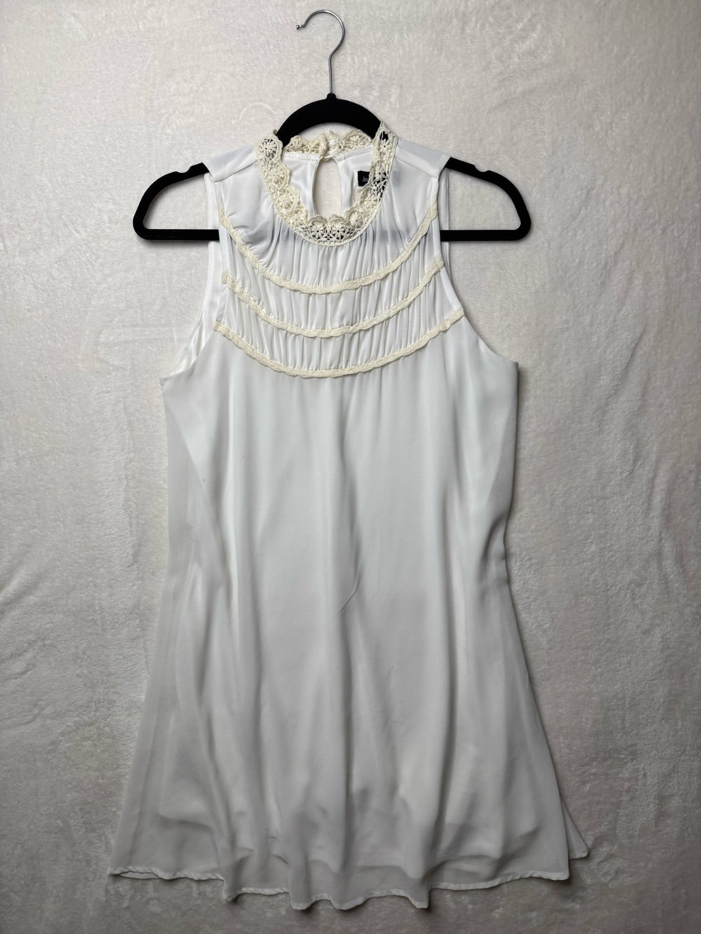 Sequin Hearts - Sleeveless White Chiffon Babydoll Mini Dress with Lace Yoke